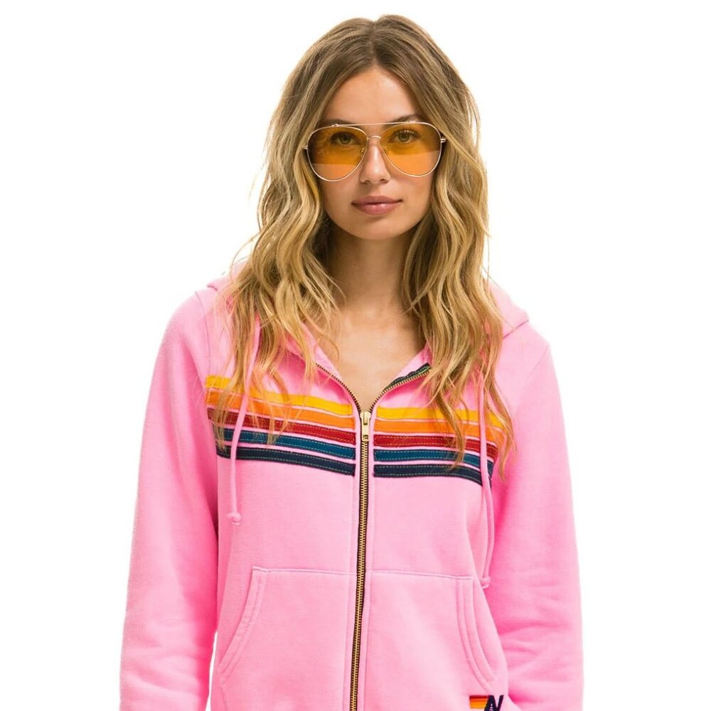 Aviator Nation 5 Stripe Zip Hoodie - Neon Pink
